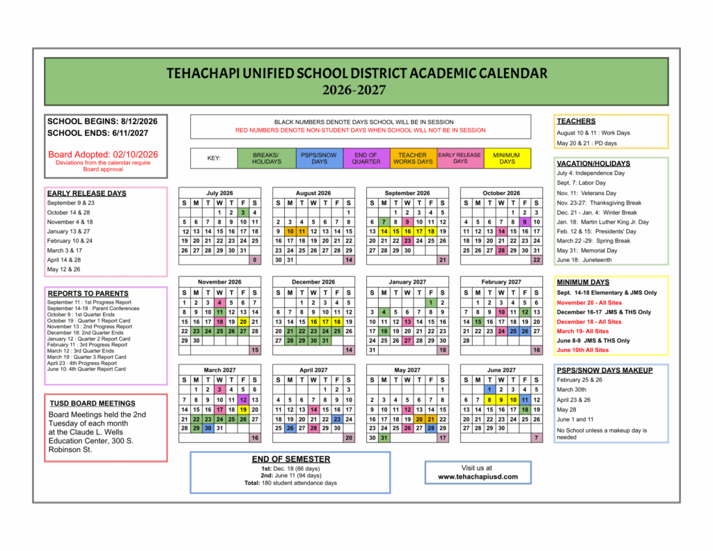 Tehachapi Unified School District 26-27 Calendar
