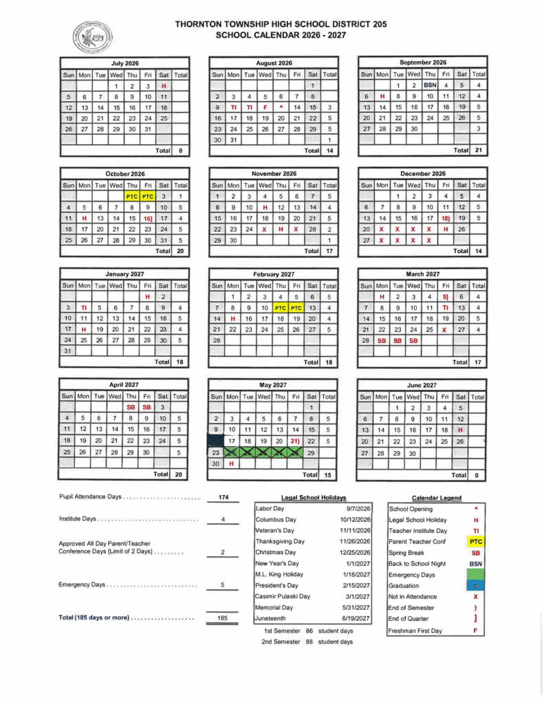Thornton Township High School District 205 26-27 Calendar