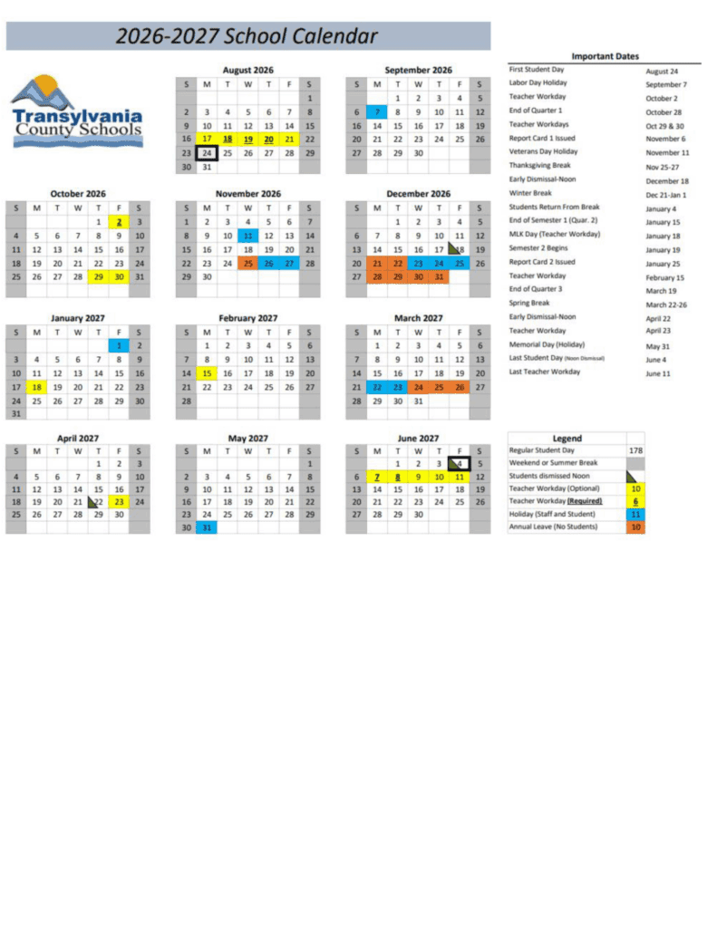 Transylvania County Schools 26-27 Calendar