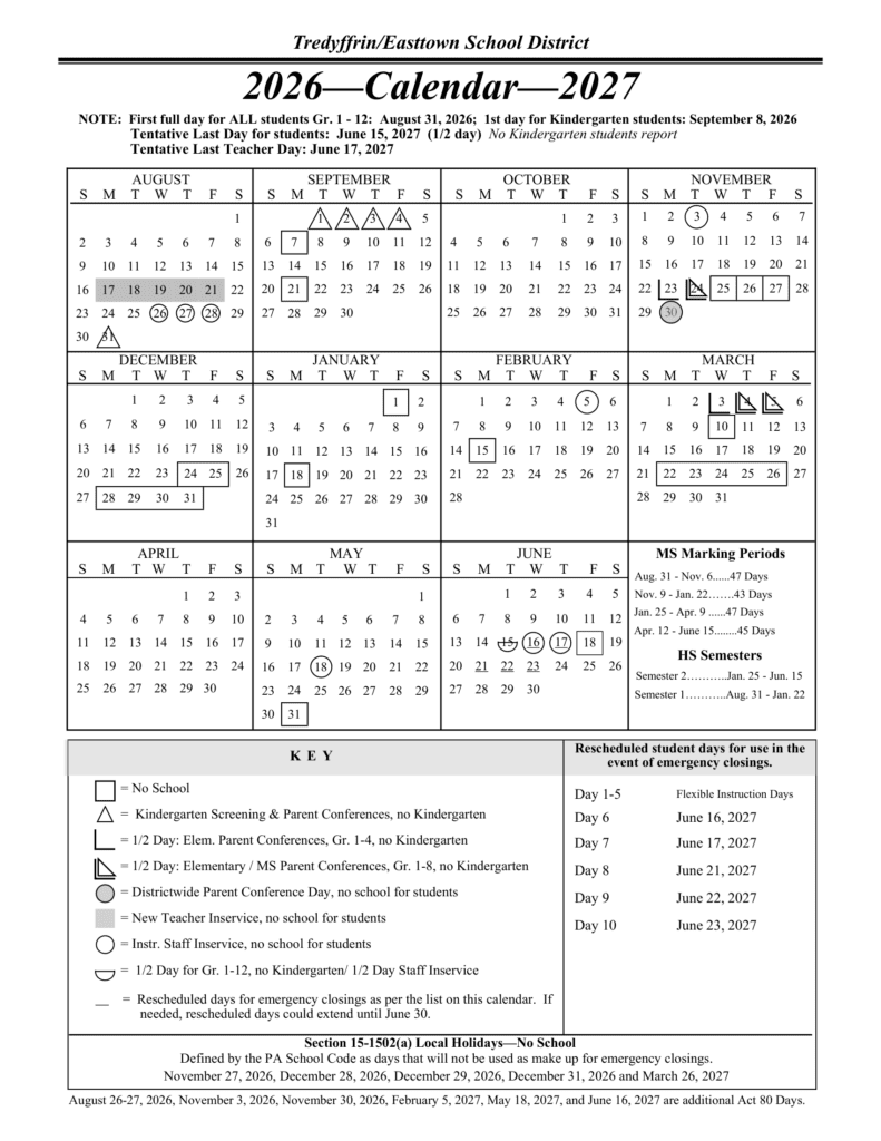 Tredyffrin-Easttown School District 26-27 Calendar