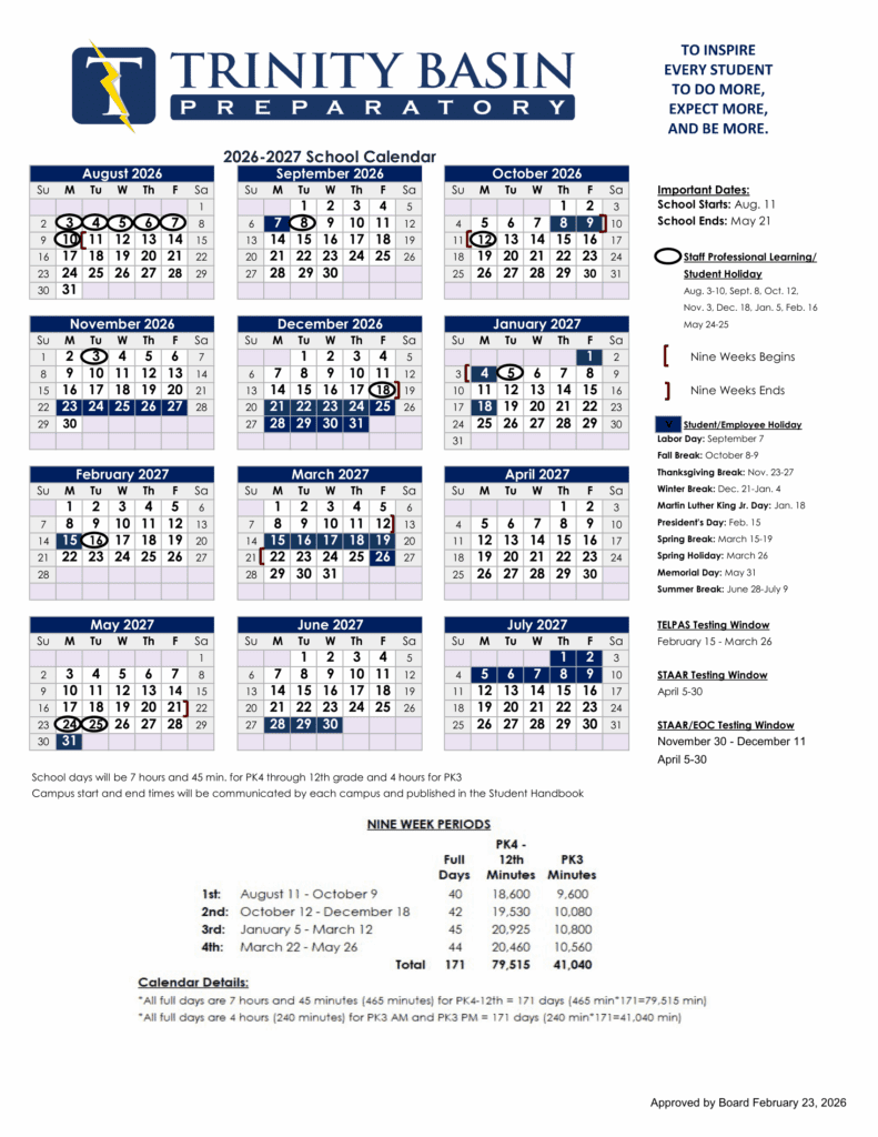 Trinity Basin Preparatory 26-27 Calendar