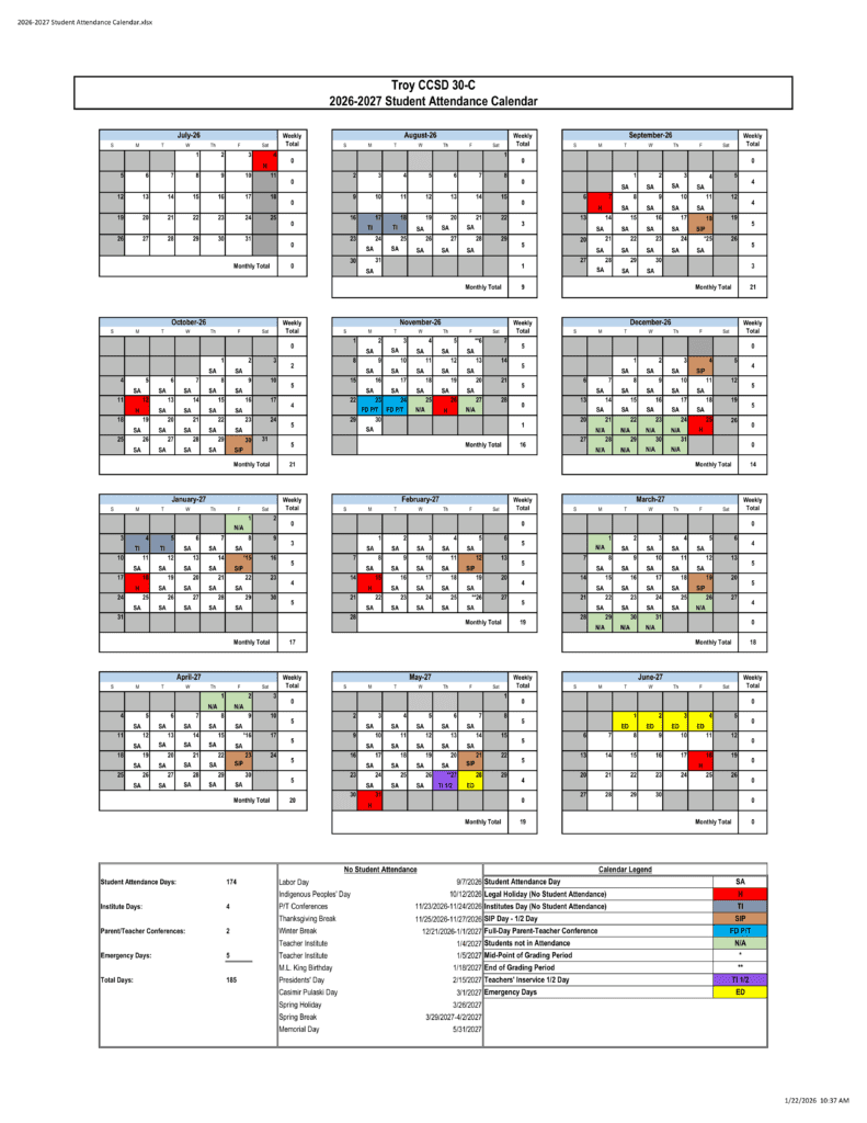 Troy CCSD 30-C 26-27 Calendar