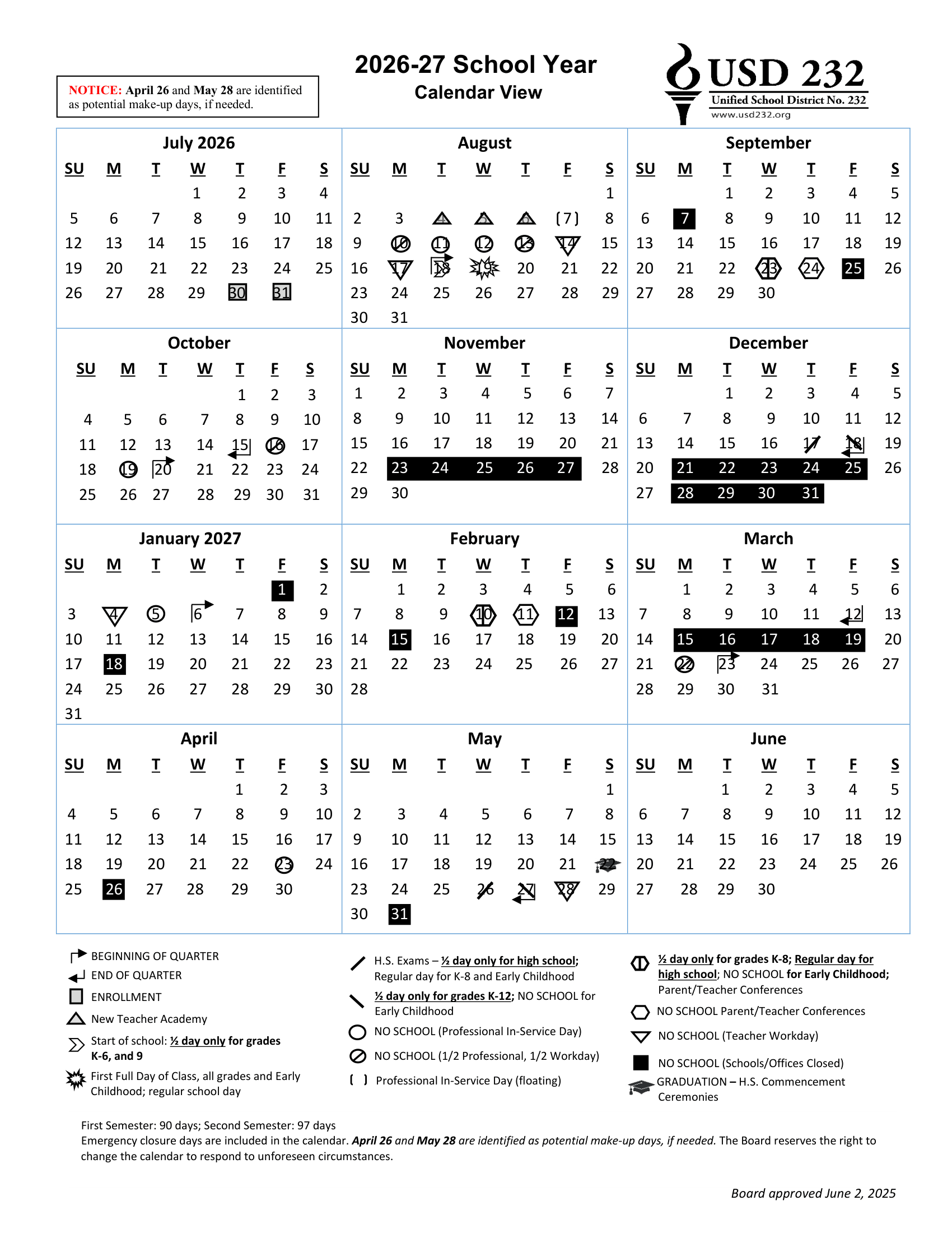 USD 232 Unified School District No. 232 26-27 Calendar Updated