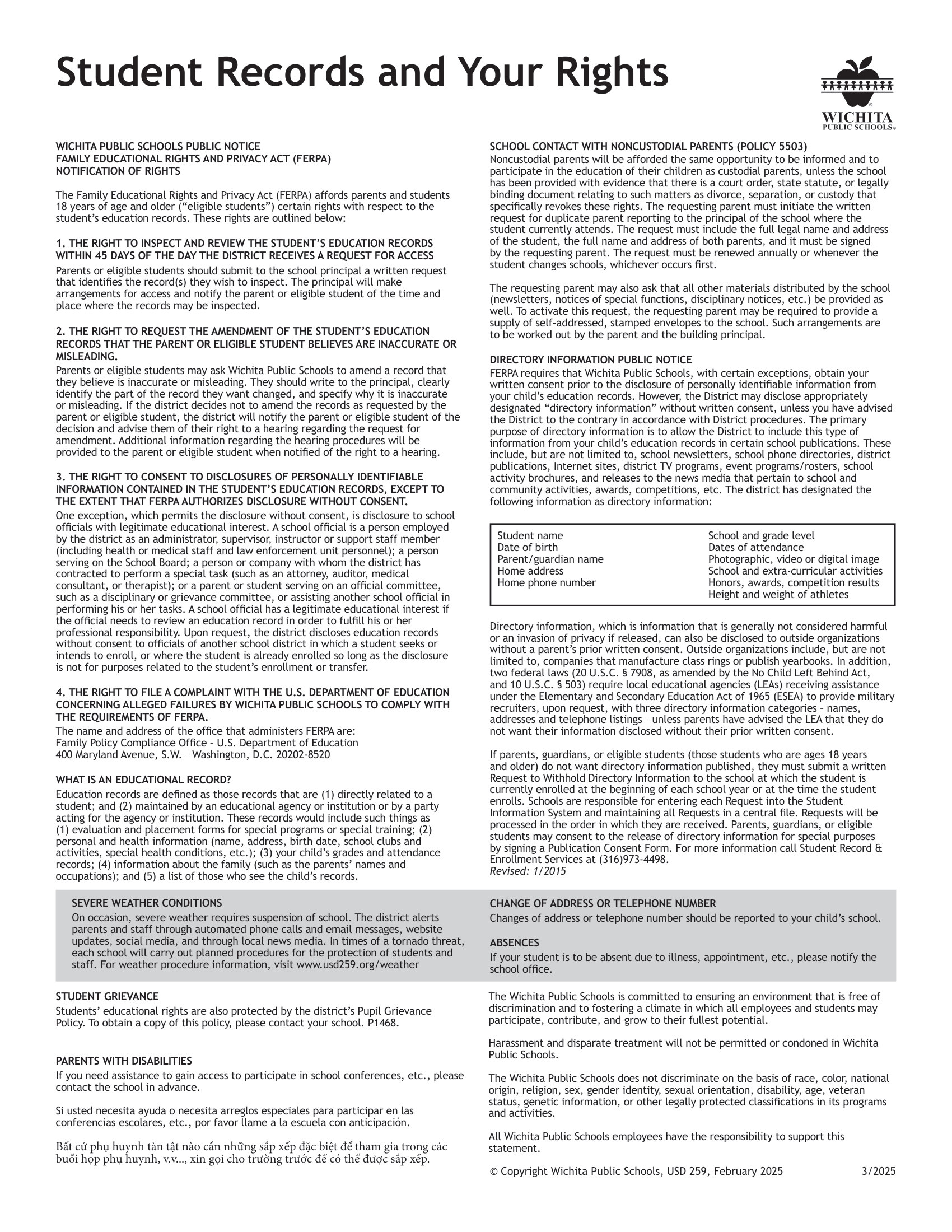 USD 259 Wichita Public Schools 26-27 Calendar Updated