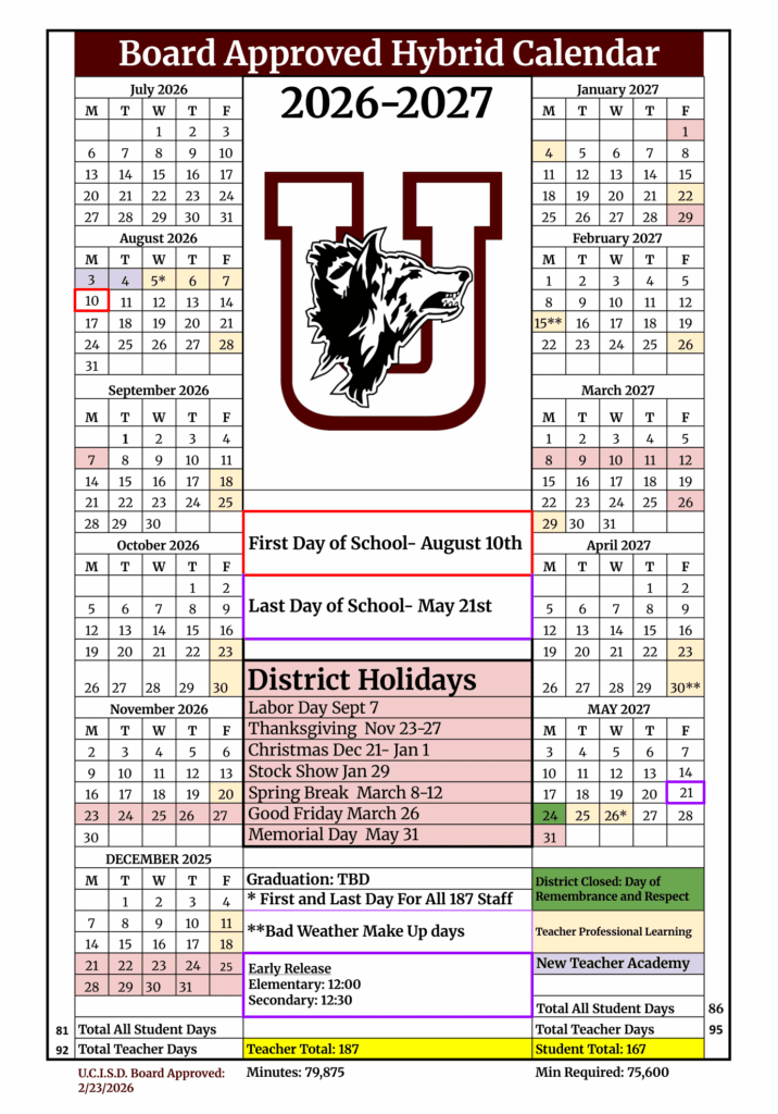 Uvalde Consolidated Independent School District 26-27 Calendar