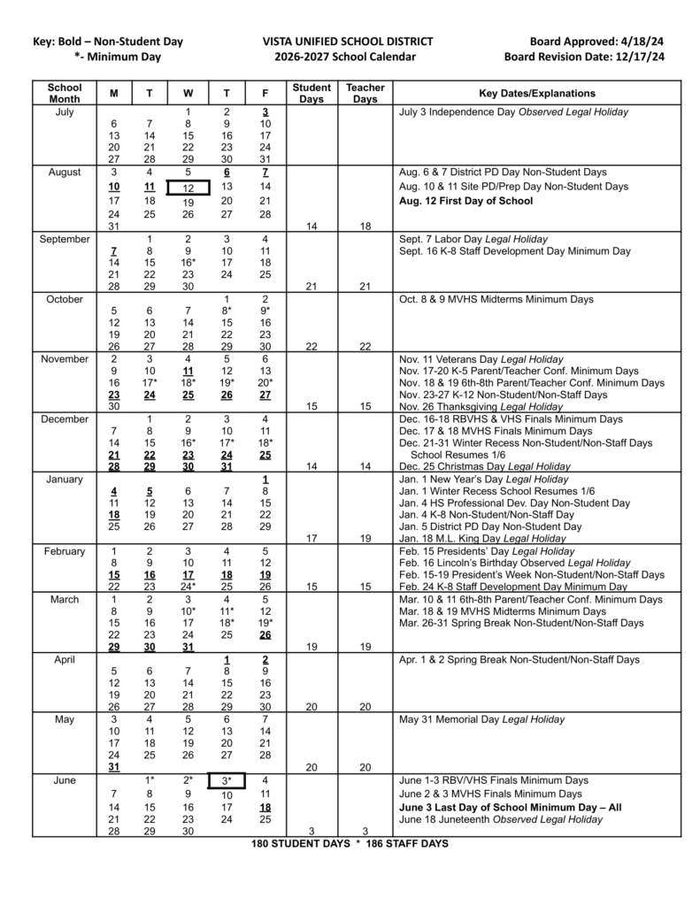 Vista Unified School District 26-27 Calender