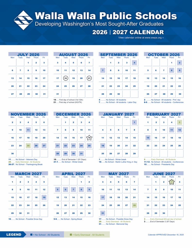 Walla Walla Public Schools Calendar 26-27 [PDF] Revised