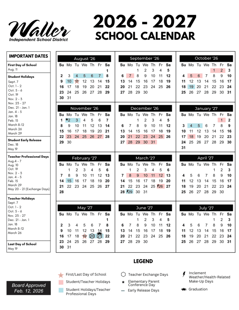 Waller Independent School District 26-27 Calendar
