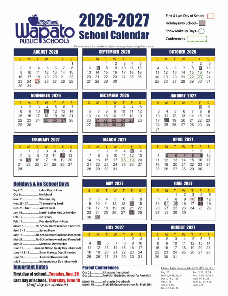 Wapato Public Schools 26-27 Calendar