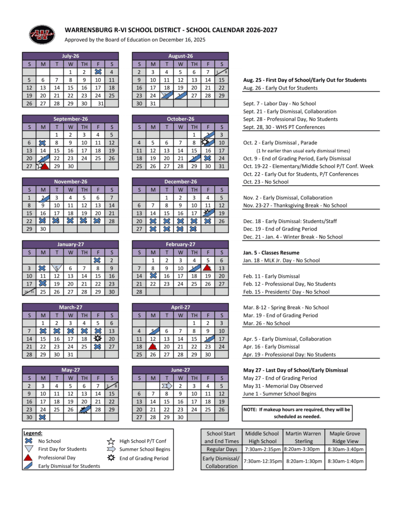Warrensburg R-VI School District 26-27 Calendar
