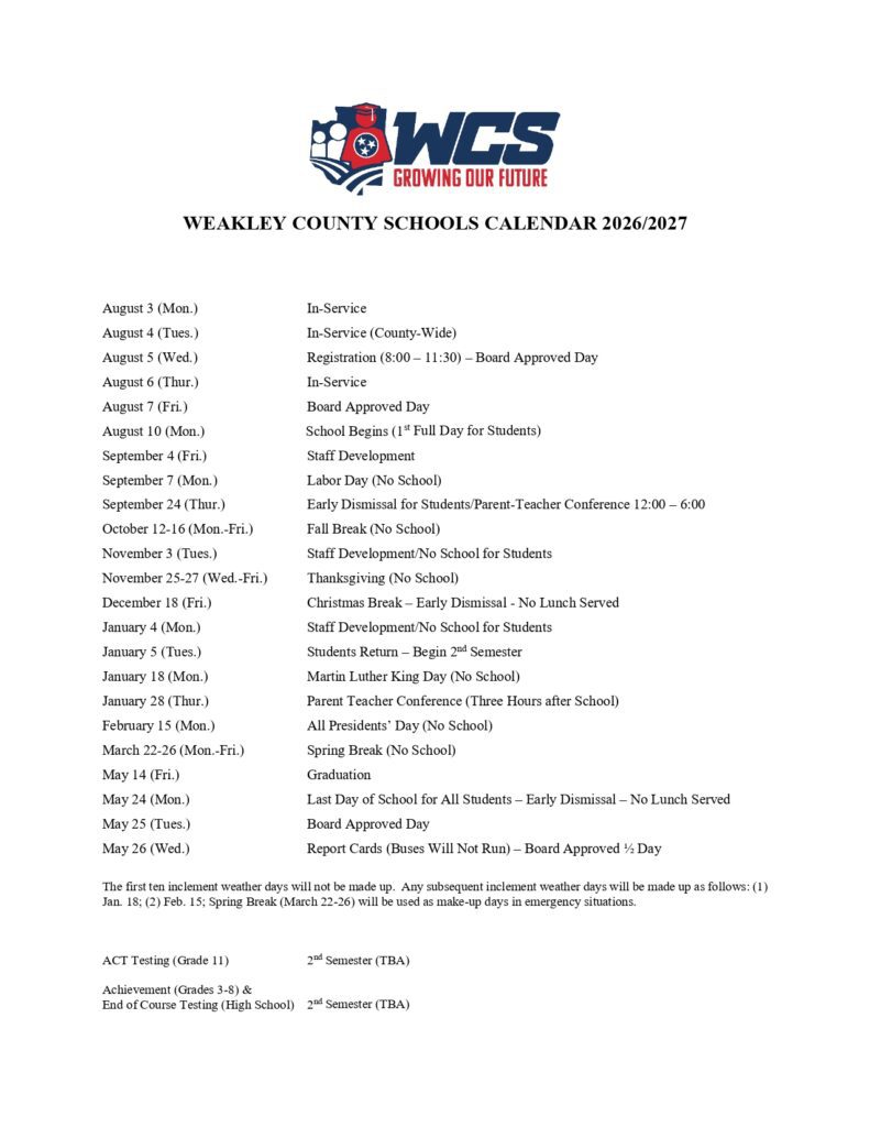Weakley County Schools Calendar 2026-2027