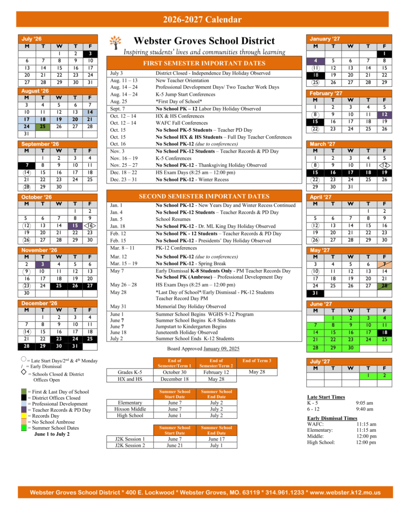 Webster Groves School District 26-27 Calendar