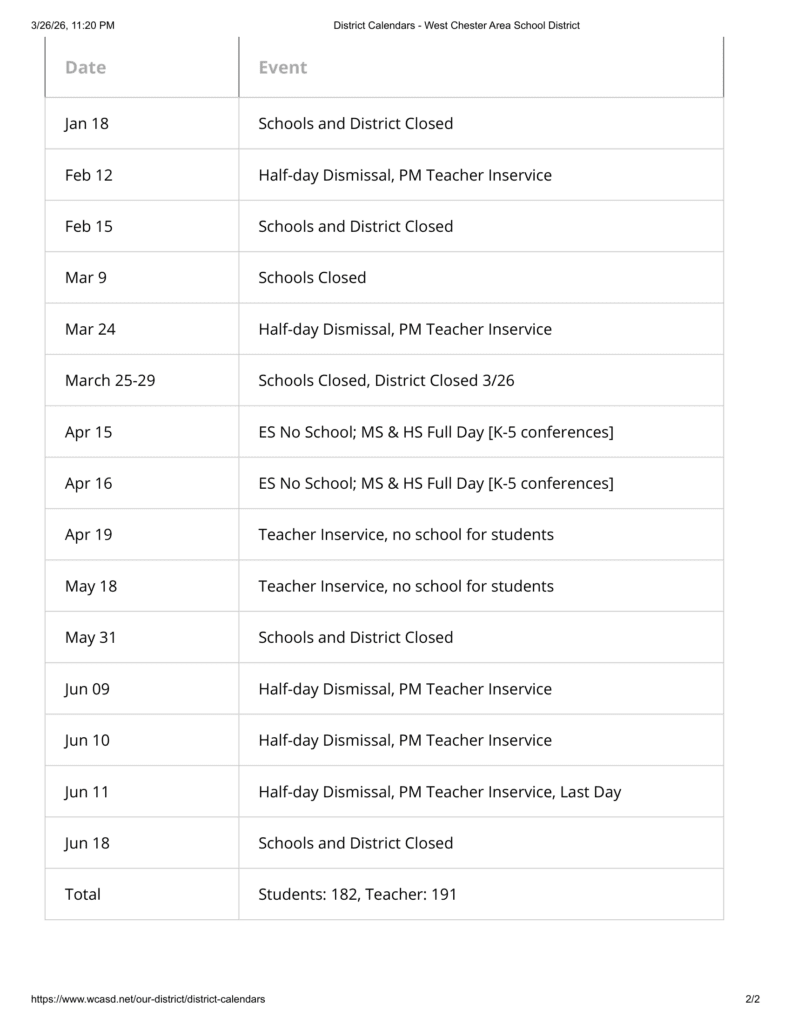 West Chester Area School District 26-27 Calendar (2)