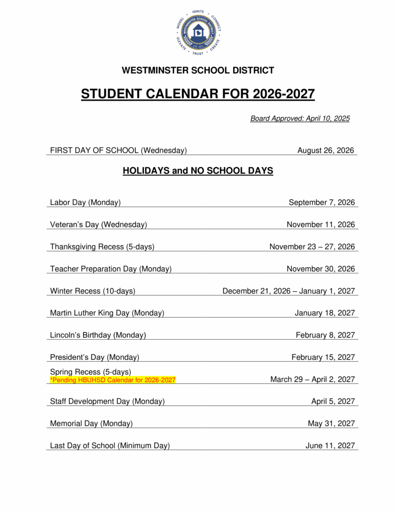 Westminster School District 26-27 Calender