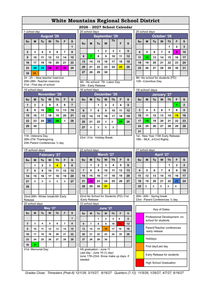 White Mountains Regional School District 26-27 Calendar