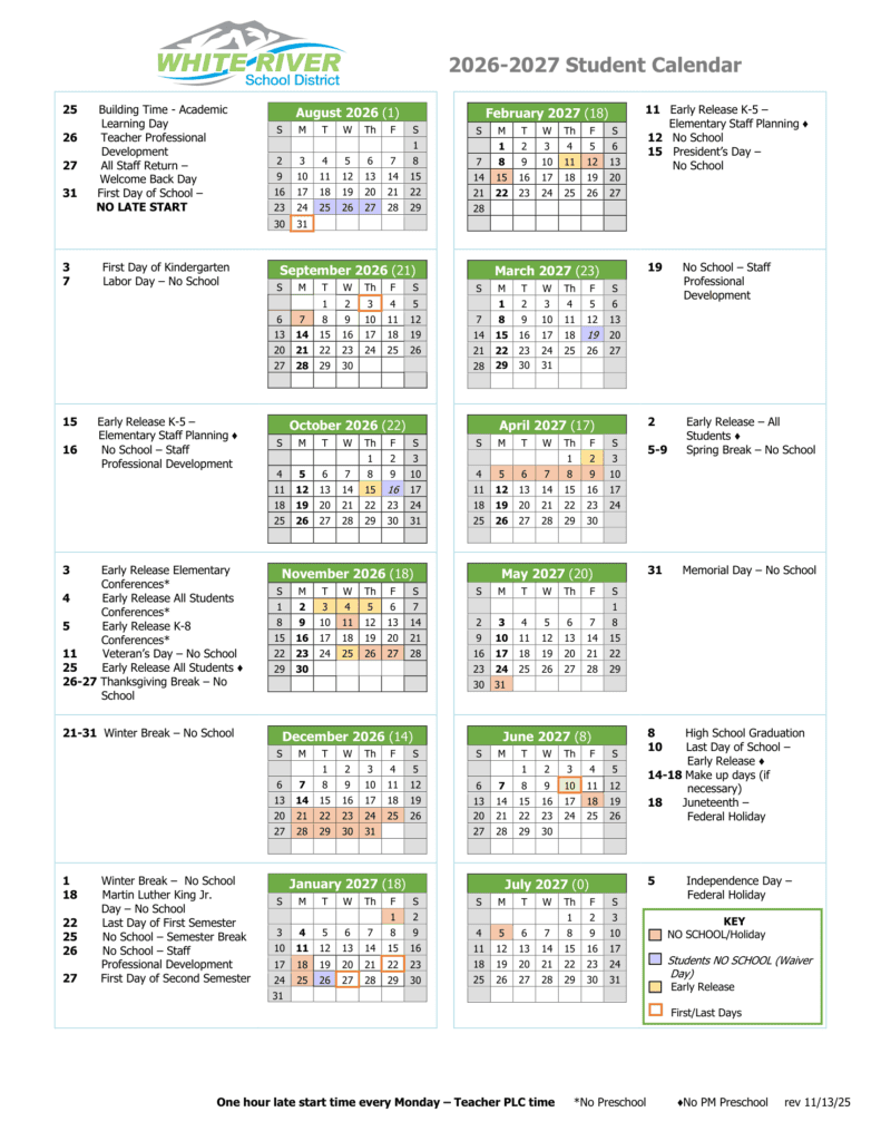 White River School District 26-27 Calendar
