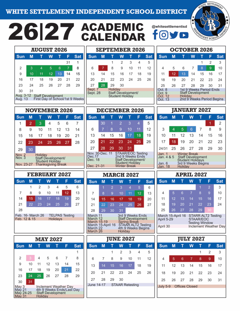 White Settlement Independent School District 26-27 Calendar