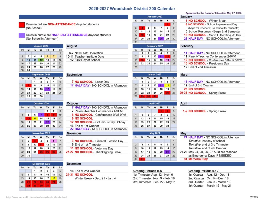 Woodstock District 200 Calendar 2026-2027