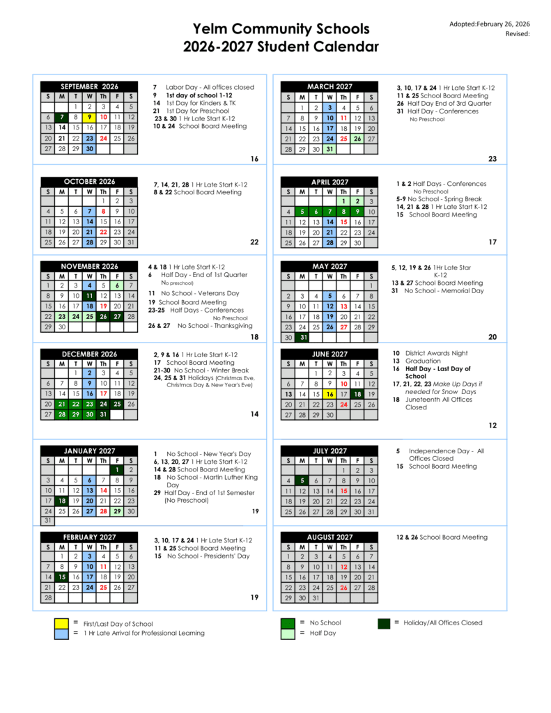 Yelm Community Schools 26-27 Calendar