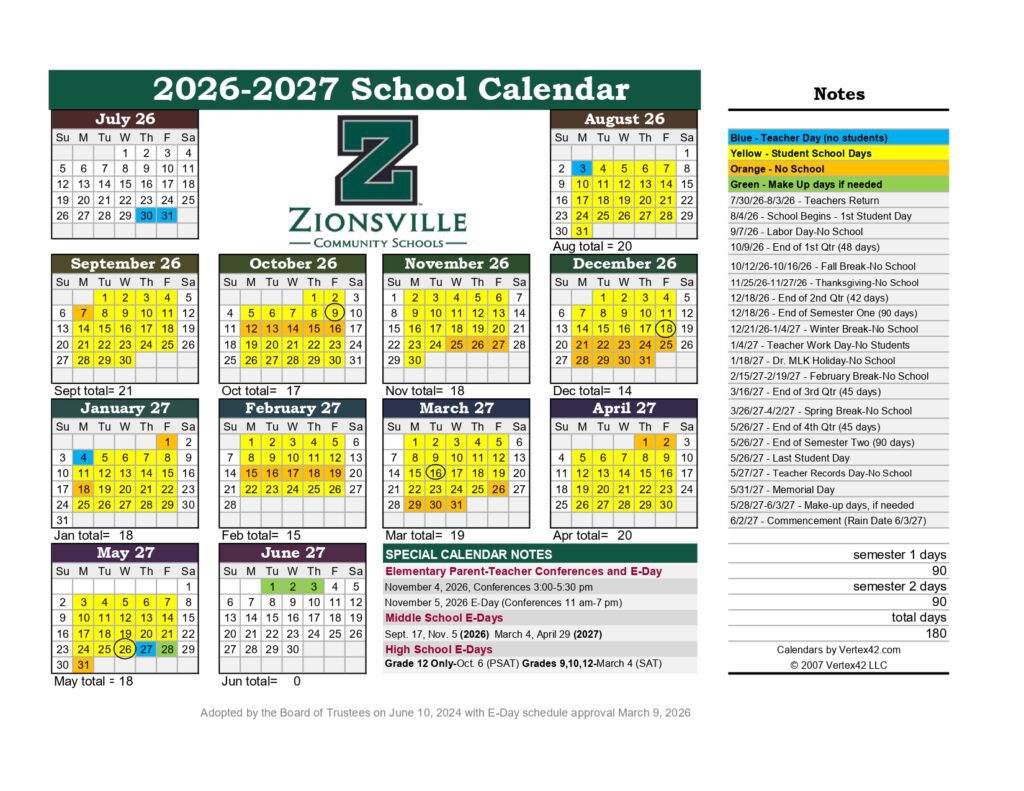 Zionsville Community Schools 2026-2027