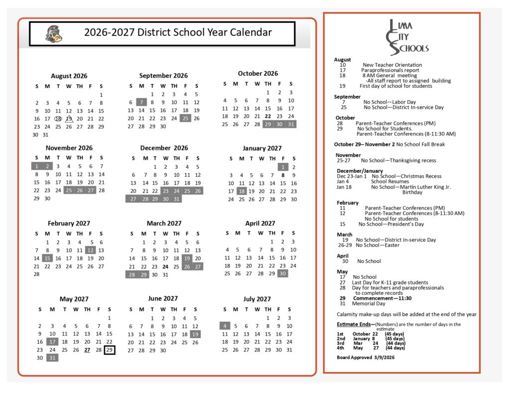 Lima City Schools Calendar 26/27 Updated
