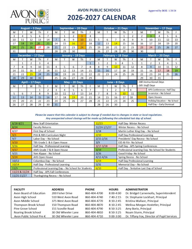 AVON PUBLIC SCHOOLS 2026-2027