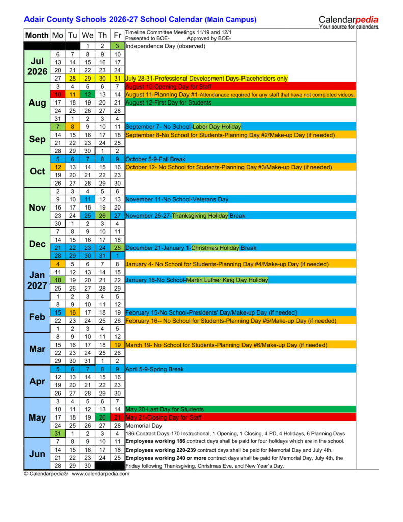Adair County Schools Calendar