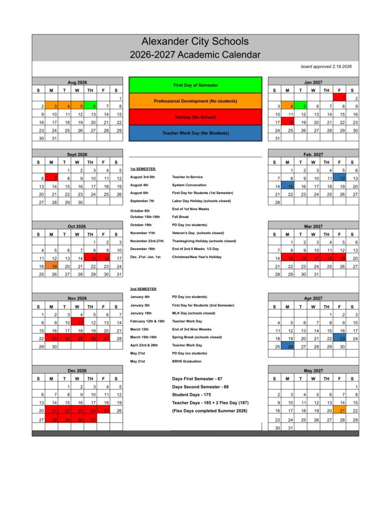 Alexander City Schools 26-27 Calendar