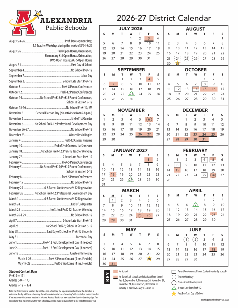 Alexandria Public Schools 26-27 Calendar