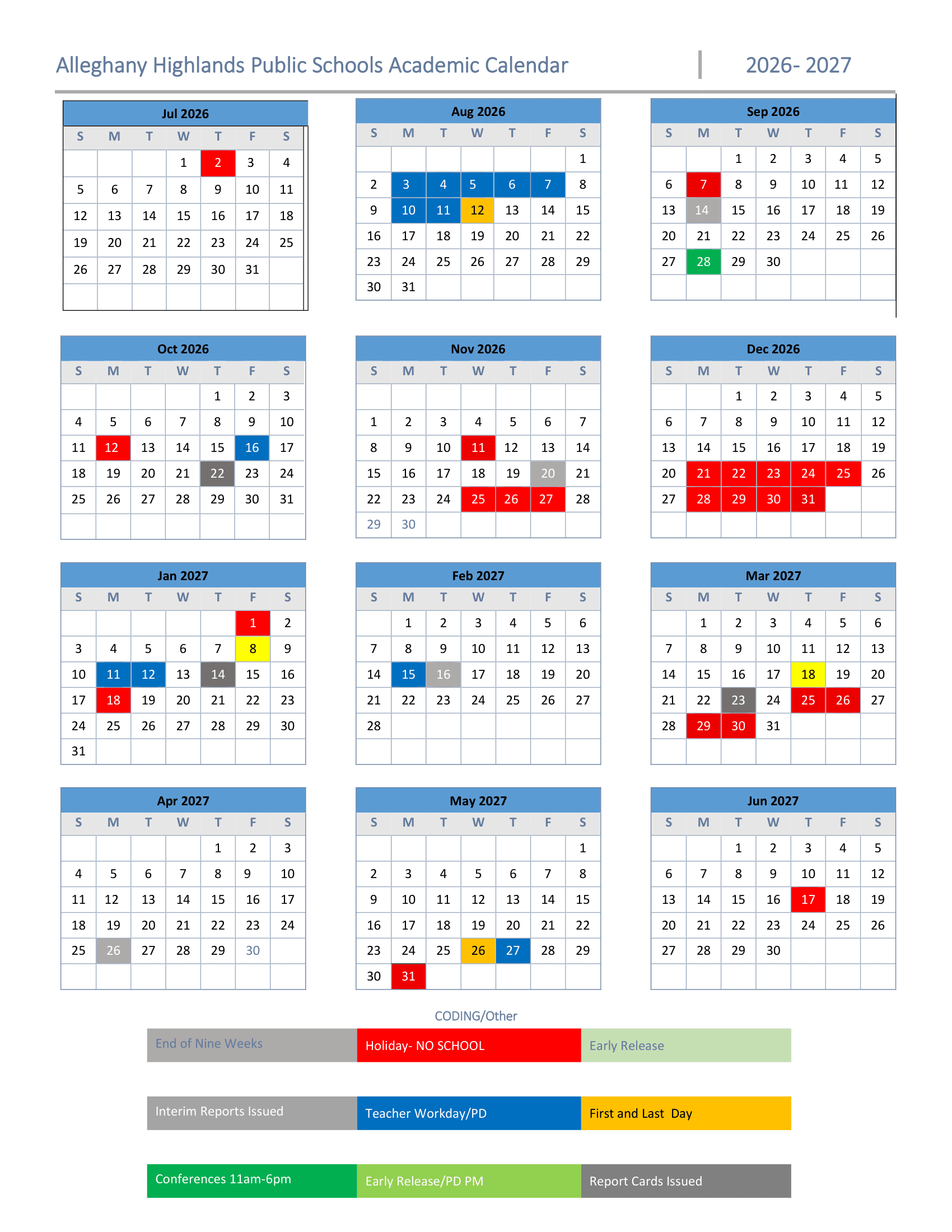 Alleghany Highlands Public Schools VA Calendar 26-27 PDF