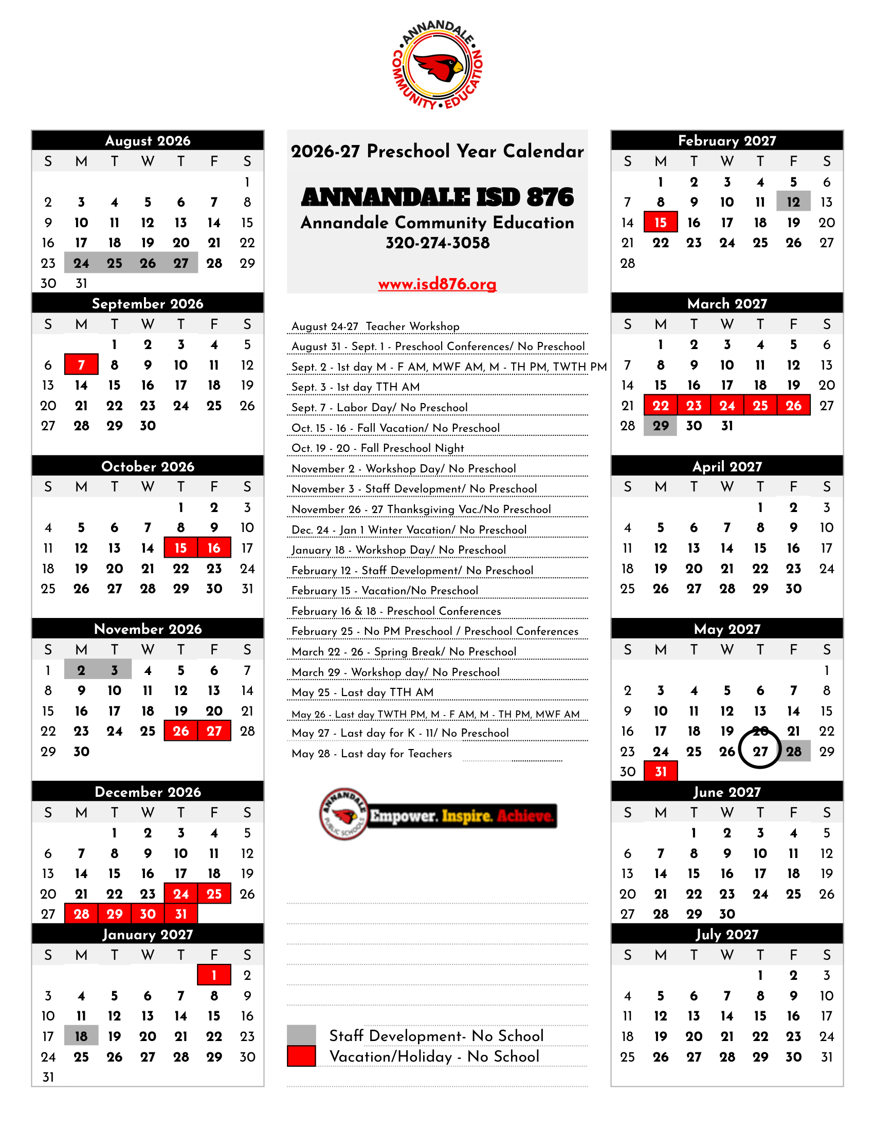 Annandale ISD 876 MN 26-27 Calendar [PDF] 