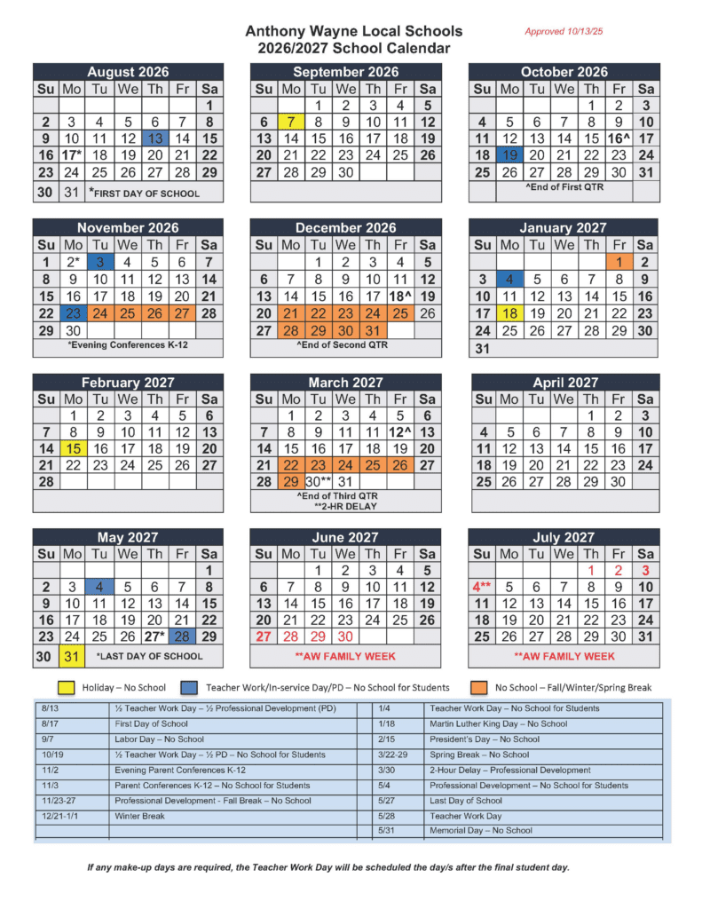 Anthony Wayne Local Schools 26-27 Calendar