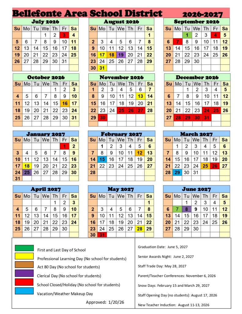 Bellefonte Area School District PA Calendar 26-27 Updates