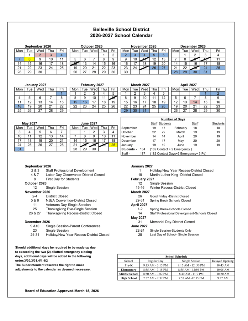 Belleville School District 26-27 Calendar