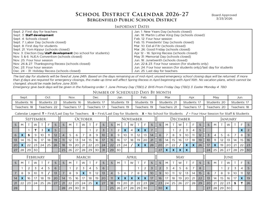 Bergenfield Public School District 2026-2027