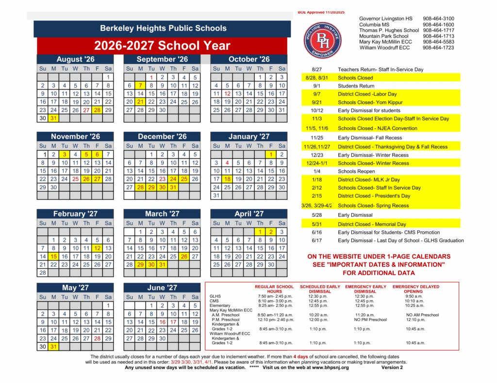 Berkeley Heights Public Schools 26-27 Calendar