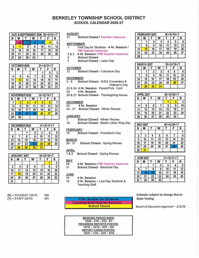 Berkeley Township School District 26-27 Calendar