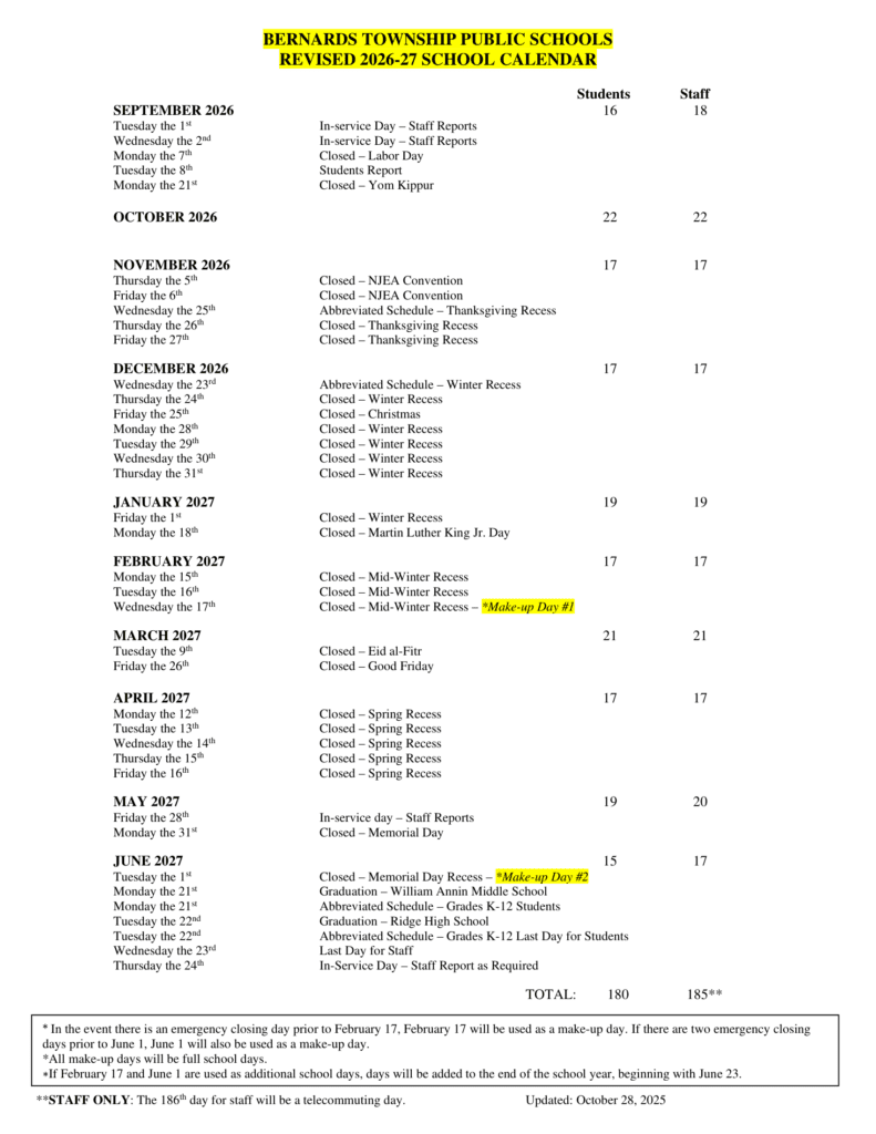Bernards Township Public Schools 26-27 Calendar