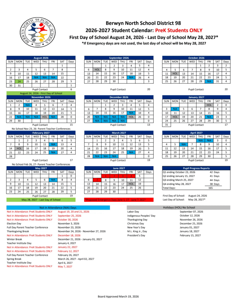 Berwyn North School District 98 26-27 Calendar