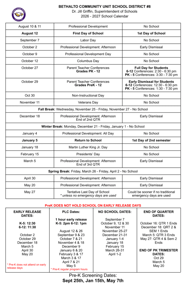 Bethalto Community Unit School District #8 26-27 Calendar