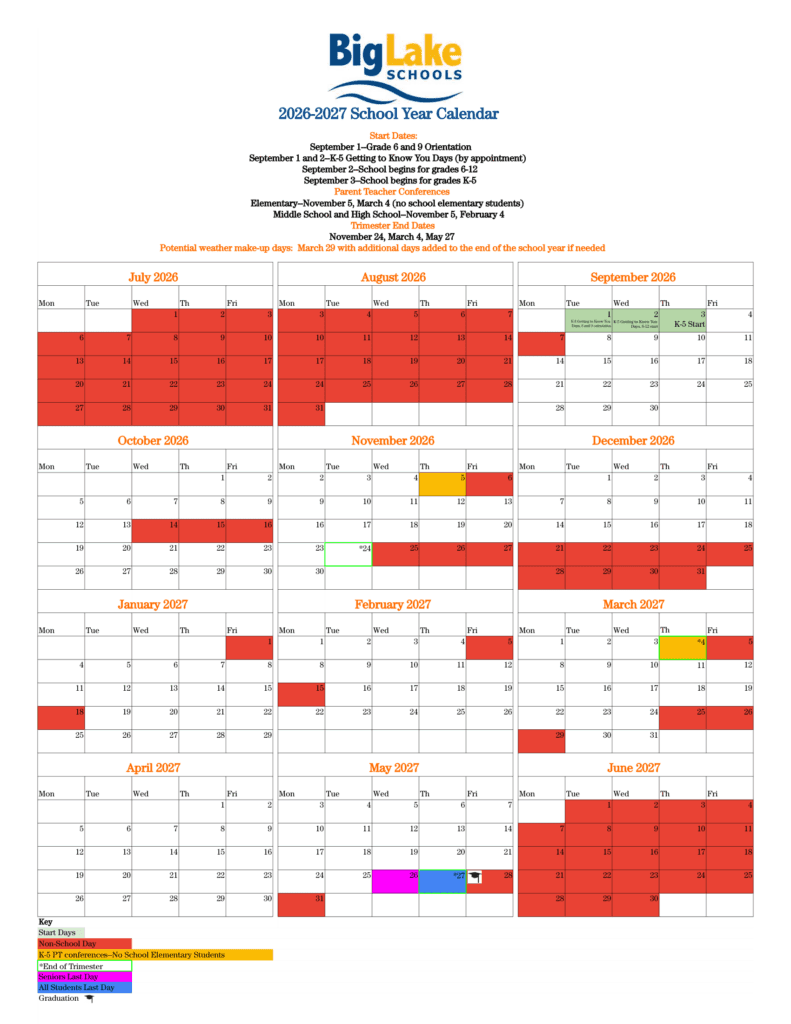 Big Lake Schools 26-27 Calendar