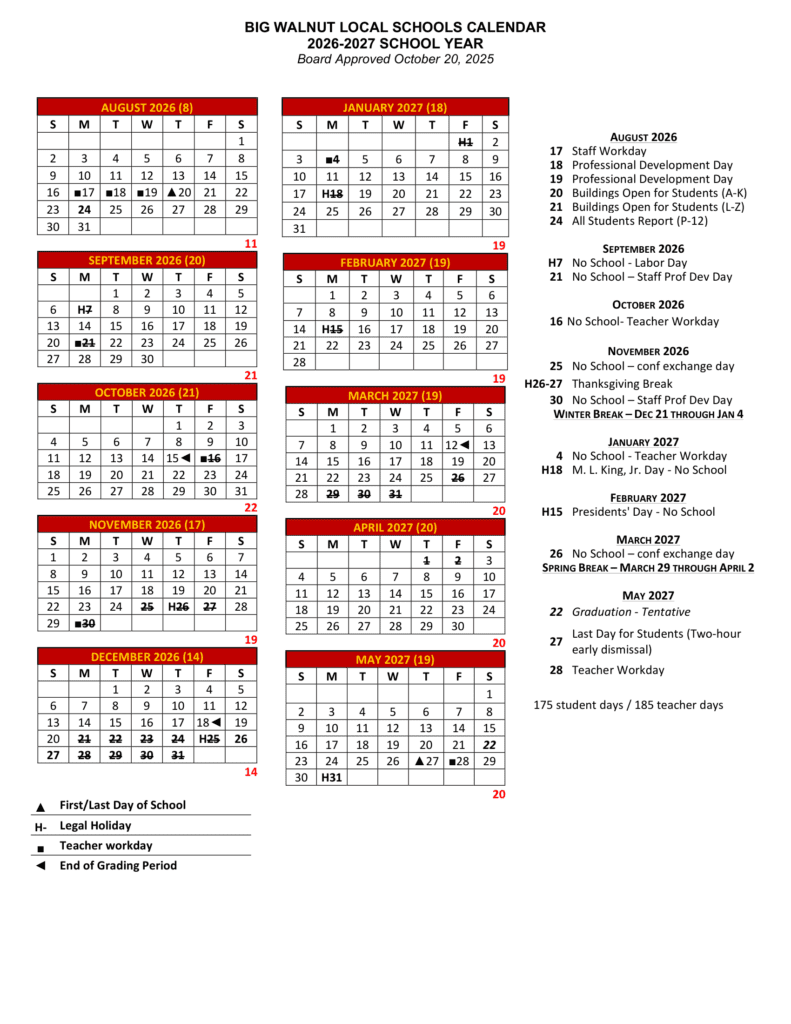 Big Walnut Local Schools 26-27 Calendar