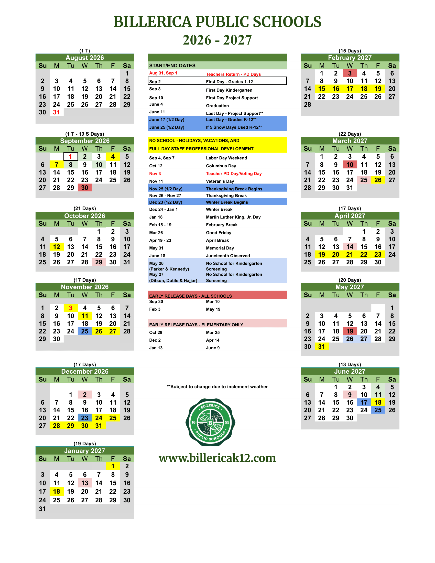 Billerica Public Schools Calendar 26-27 Revised [PDF]