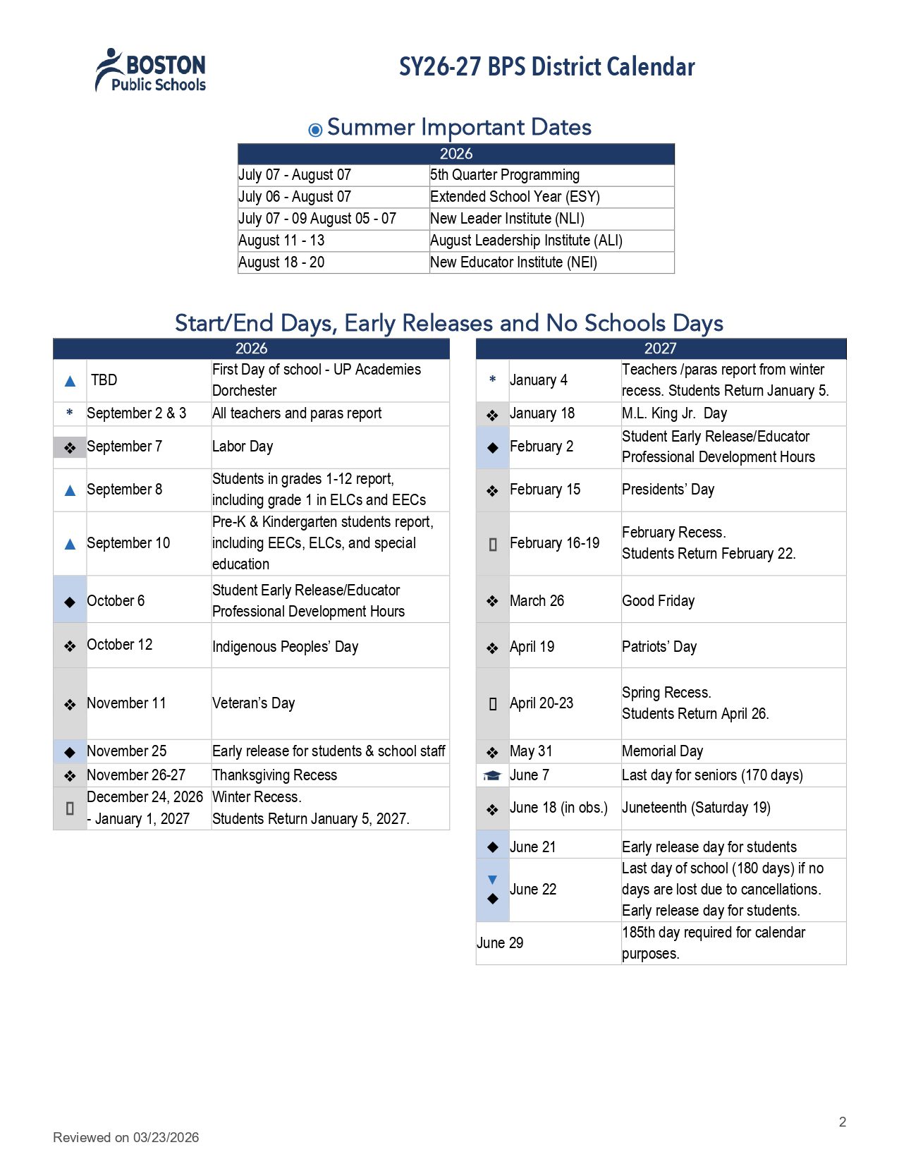 Boston Public Schools ma Calendar 26-27 [PDF]