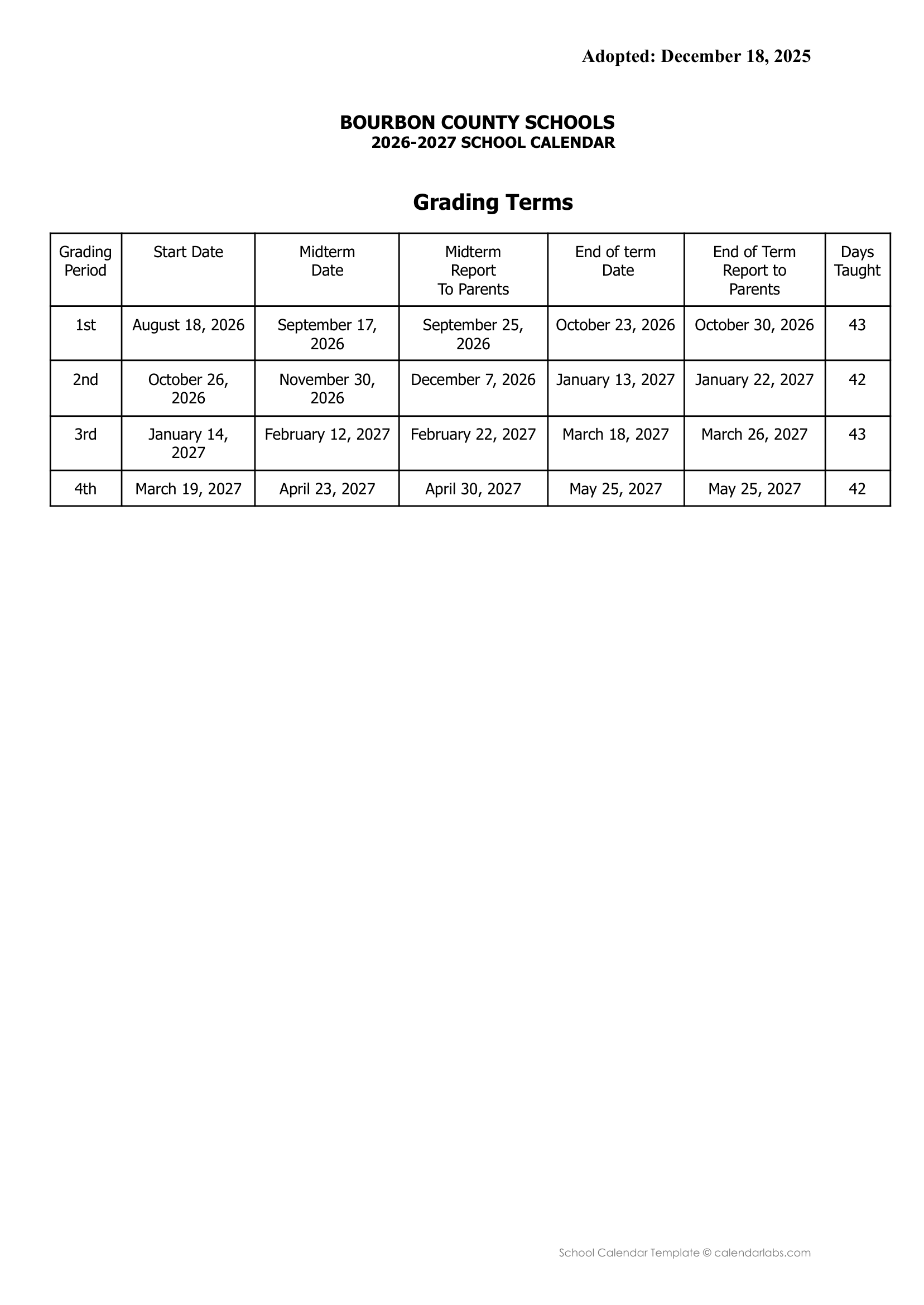 Bourbon County Schools ky Calendar 26-27 Updates