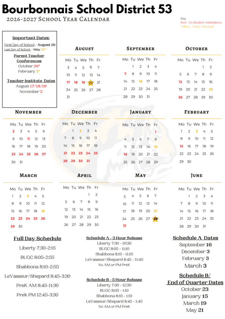 Bourbonnais School District 53 26-27 Calendar