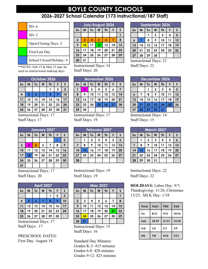 Boyle County Schools 26-27 Calendar