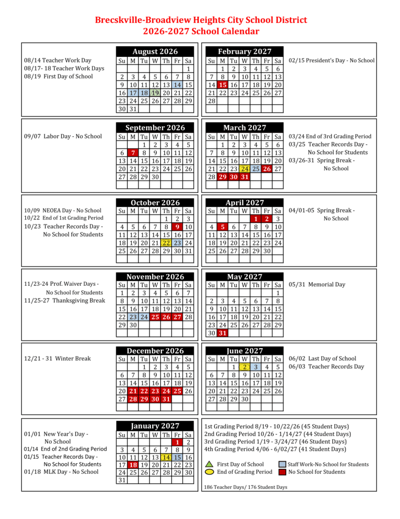 Brecksville-Broadview Heights City School District 26-27 Calendar