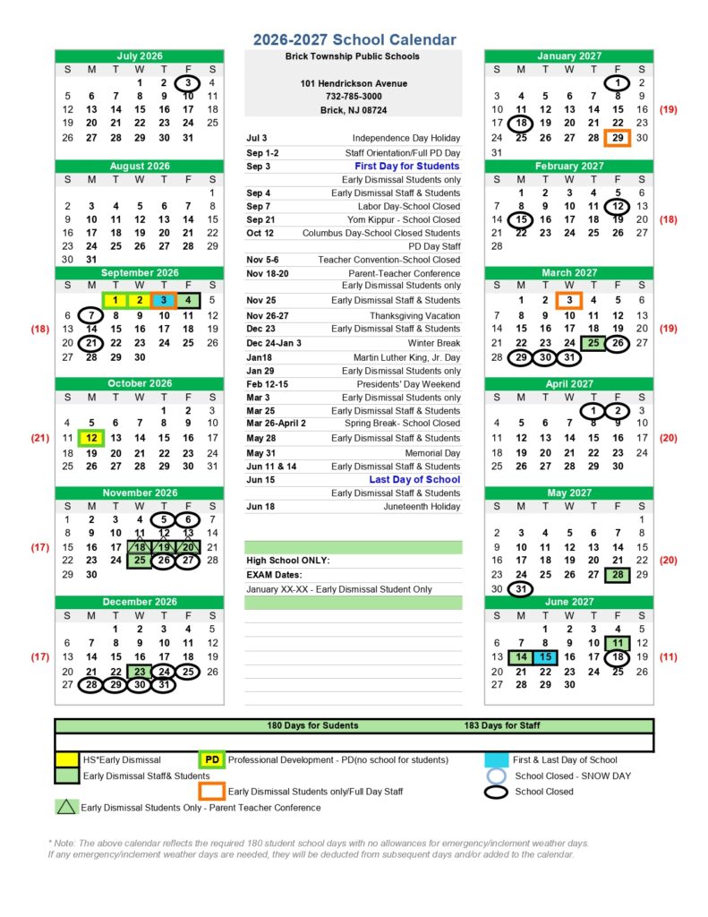 Brick Township Public Schools 2026-2027