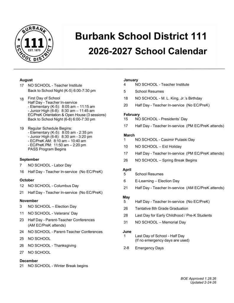 Burbank School District 111 26-27 Calendar